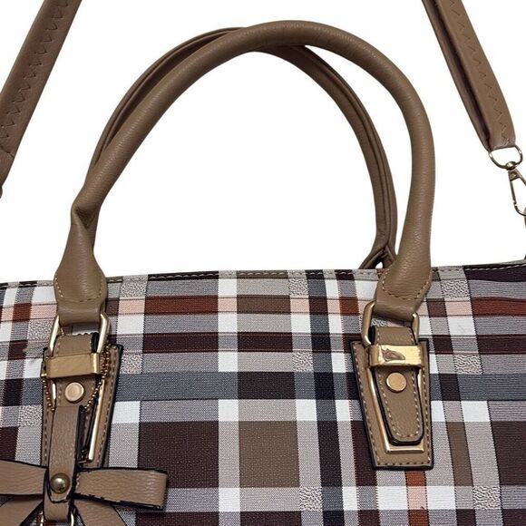 Kate Hill Brown Plaid Crossbody Shoulder Convertible Adjustable Handbag Purse - Picture 5 of 10
